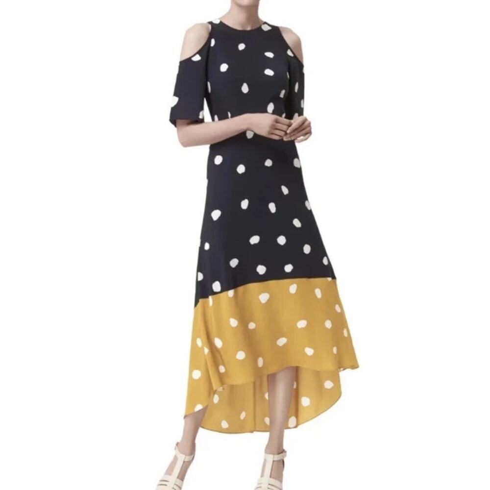 LK Bennett 100% Silk Leia Dress Polka Dot High Low Color Block Midi Maxi Blue